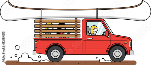 Red pickup truck, canoe on roof, dirt road adventure, outdoor travel, countryside journey, people riding, summer trip, motion scene