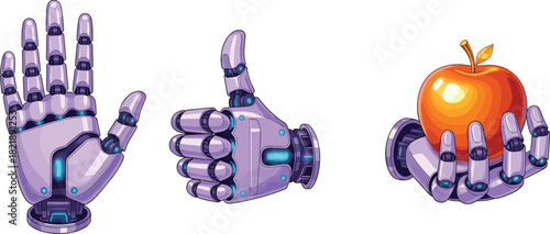 Robotic hands, metallic design, futuristic gesture, thumbs up, holding apple, AI dexterity, mechanical fingers, technology concept, cyber hand, innovation