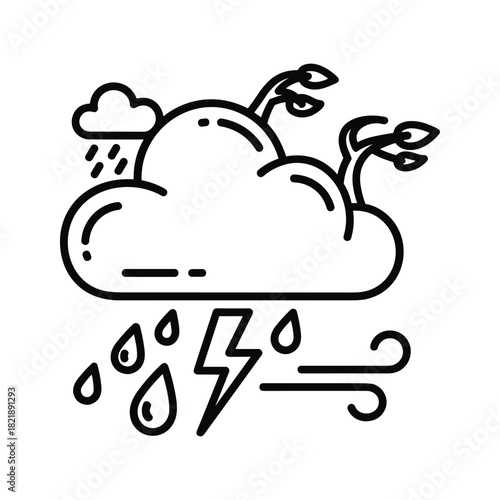 Line icon of stormy weather with rain, lightning, wind, and plant