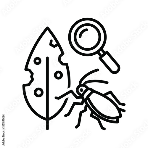 Line icon of pest inspection with magnifying glass and damaged leaf