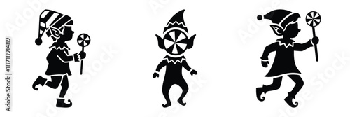 black silhouette elf peppermint hop on a white background graphic design