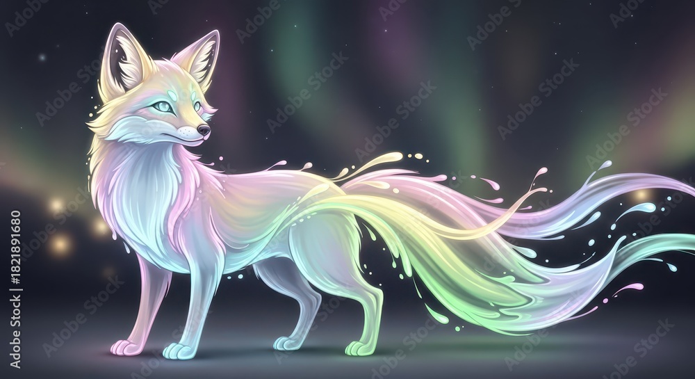 Naklejka premium Mystical canine creature exhibits flowing, brightly colored tail effects against a dark backdrop