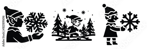black silhouette elf snow crunch on a white background graphic design