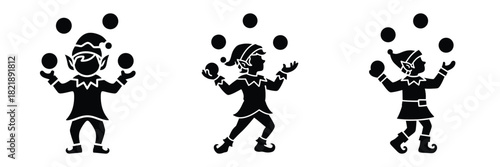 black silhouette elf snowball juggle on a white background graphic design