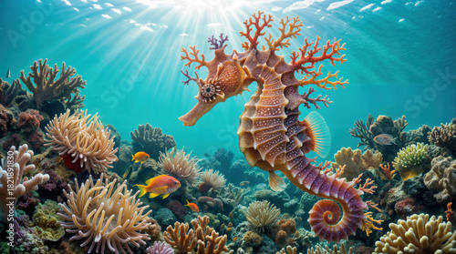 Fototapeta Naklejka Na Ścianę i Meble -  A vibrant coral reef scene. An ornate, fantastical seahorse glowing in sun-dappled water. Colorful corals, anemones, and tropical fish.