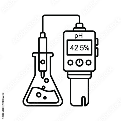Ph meter measuring liquid in a conical flask, laboratory equipment