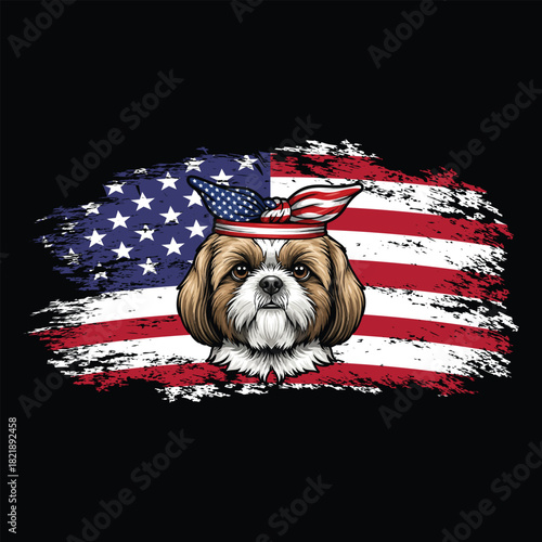 Shih Tzu American Flag Bandana Art  Patriotic USA Dog Lover Design