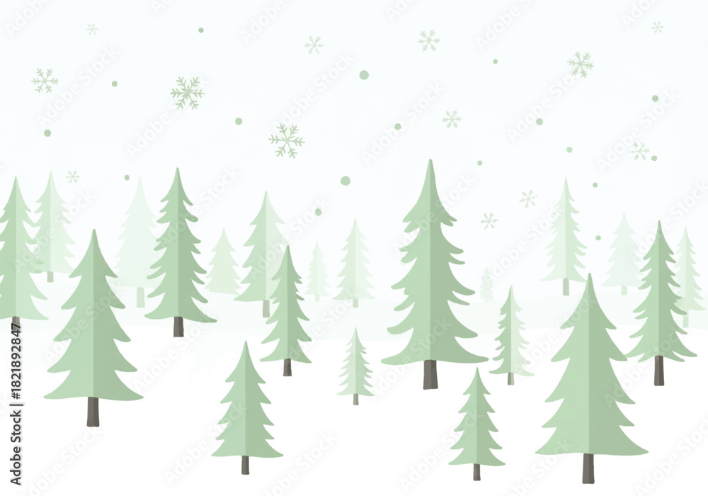 Fototapeta premium Minimalist illustration of a winter forest scene with stylized evergreen trees and falling snowflakes on a white background.