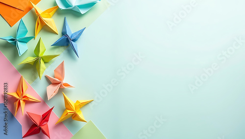 Colorful origami paper stars arranged on pastel background ai