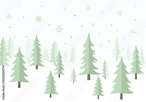Minimalist illustration of a winter forest scene with stylized evergreen trees and falling snowflakes on a white background.