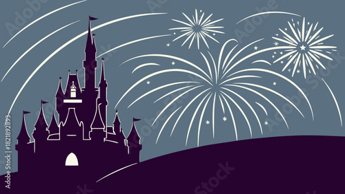 Orlando Theme Park Fireworks Silhouette Minimal Vector – Modern Florida Landmark Illustration for Travel, Culture, and Lifestyle Graphics