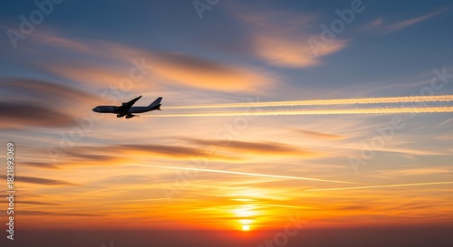 A vivid, atmospheric reinterpretation of commercial airplane flying across sunrise sky, contrails glowing, panoramic wide angle view, written with richer detail and modern clarity.