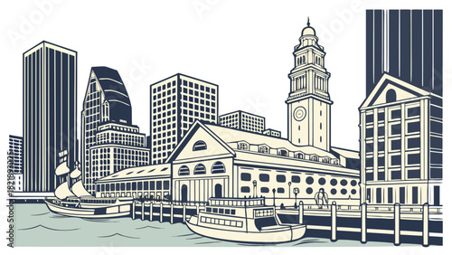 Boston harbor skyline modern minimalist