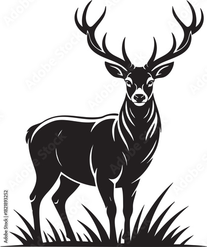 A stylized, dark silhouette of a magnificent stag with large antlers stands proudly in a field of grass.