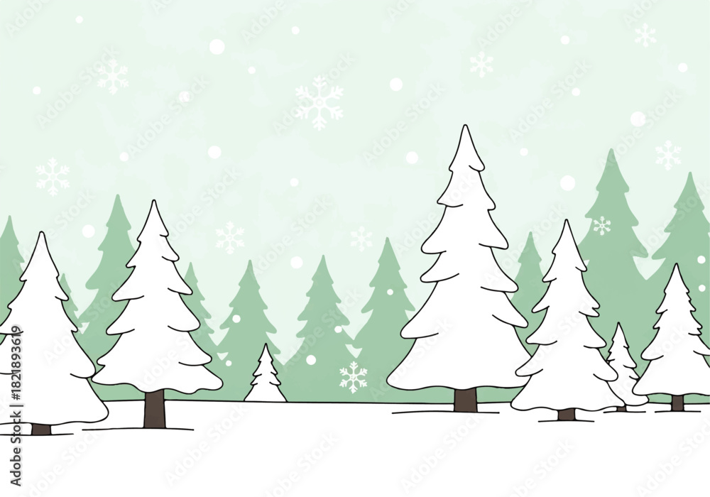 Obraz premium Winter scene with evergreen trees covered in snow, set against a light green background with falling snowflakes.