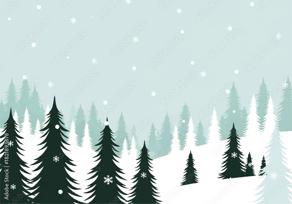 Obraz premium Winter landscape illustration with snow falling over a forest of evergreen trees in shades of green and white.