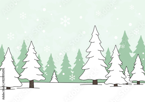 Winter scene with evergreen trees covered in snow, set against a light green background with falling snowflakes.