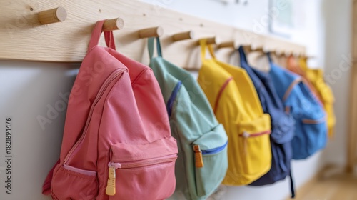 Colorful backpacks hanging on wooden hooks in a bright classroom hallway