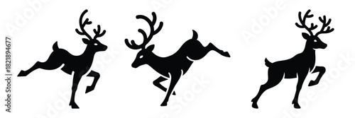 black silhouette reindeer wiggle skip on a white background graphic design