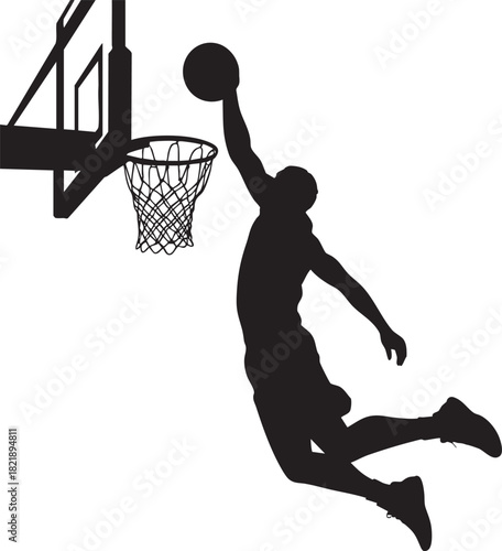 A dynamic silhouette captures a basketball player in mid-air, executing a dramatic slam dunk with the ball poised above the hoop.