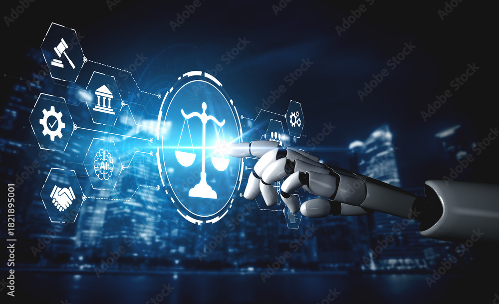 Obraz premium AI regulates digital law through compliance dashboards, justice-oriented tools, and secure automation for ethical governance and technology policy alignment. Artificial intelligence spline