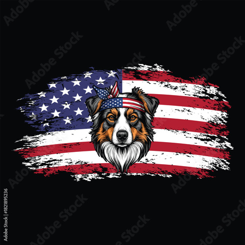 Australian Shepherd Patriotic USA Flag Bandana Art Smart American Dog Design