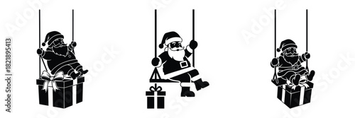 black silhouette santa gift swing on a white background graphic design