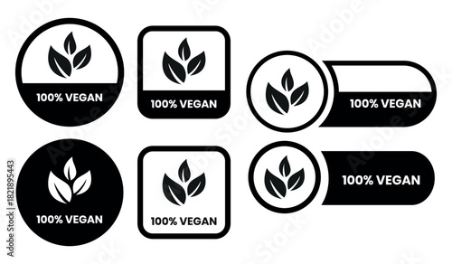Vegan food icon set badge sign. Bio, Ecology, Organic logos and badges, label, tag. Green leaf on white background. Vector illustration. Vegan food logo, label, sign, badge, symbol, banner.
