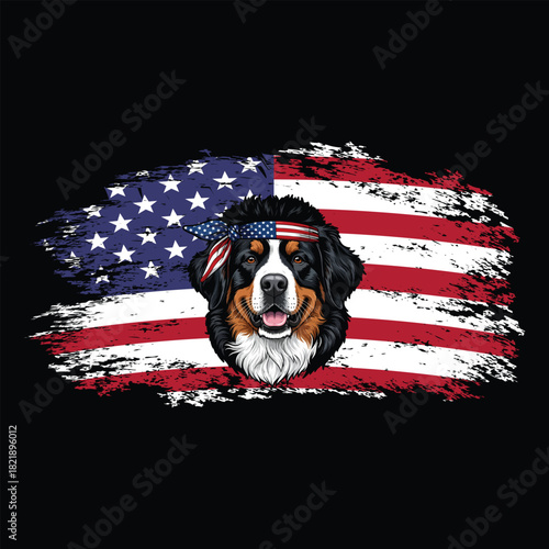 Bernese Mountain Dog Patriotic American Flag Bandana Art USA Family Dog Design