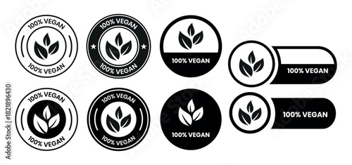 Vegan food icon set badge sign. Bio, Ecology, Organic logos and badges, label, tag. Green leaf on white background. Vector illustration. Vegan food logo, label, sign, badge, symbol, banner.