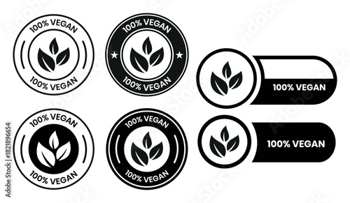 Vegan food icon set badge sign. Bio, Ecology, Organic logos and badges, label, tag. Green leaf on white background. Vector illustration. Vegan food logo, label, sign, badge, symbol, banner.