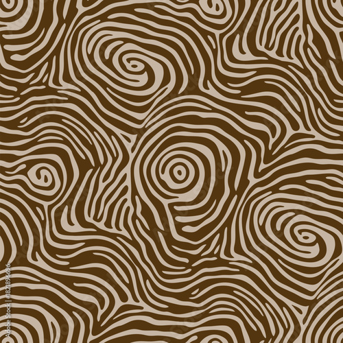 Vector seamless pattern with coffee spiral swirls. Abstract organic texture with flowing brown curves, barista motif. Warm chocolate and cream background. Repeated design for coffeeshop, decor, print