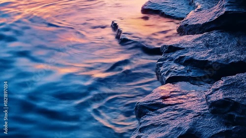 Water gently flowing against rugged rocks reflecting sunset colors