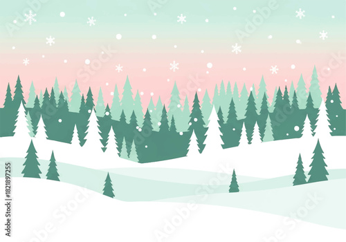 A stylized winter landscape illustration featuring snow-covered hills, evergreen trees, and falling snowflakes against a gradient pink and green sky.