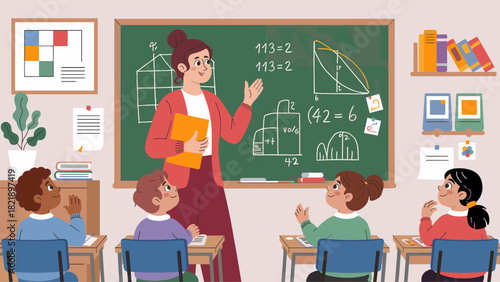 teacher explaining a math lesson to students in a classroom, vector illustration for elementary education and school learning
