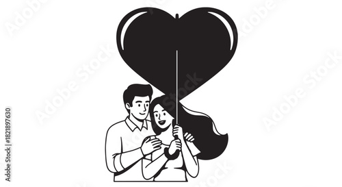Romantic couple in a monochrome illustration holding a large heart shaped balloon.