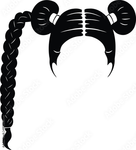 Stylized black silhouette vector of a distinctive female hairstyle featuring two prominent space buns and a long flowing braided pigtail graphic. isolated on transparent background, Vector
