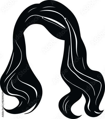 Stylized illustration of long wavy black hair, flowing gracefully, perfect for character design, beauty concepts, fashion, and avatars. isolated on transparent background, Vector