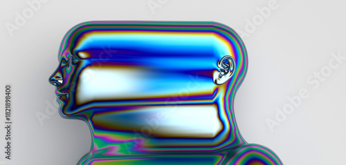 Futuristic 3D illustration of a human bust with metallic, iridescent rainbow surface and abstract shapes. Conceptual illustration for technology, identity, digital art, and modern Y3K design themes.