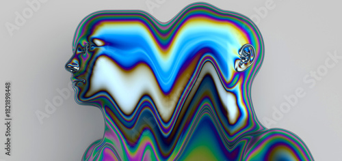 Surreal 3D illustration of a double human bust with a glossy, iridescent rainbow surface and Y3K-style fluid distortion. Conceptual 3D illustration for futuristic, identity, and digital art themes.