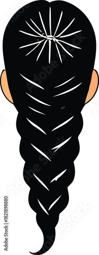 Woman with long black braided hair, viewed from behind in a simple graphic illustration. a classic, elegant hairstyle portrait design. isolated on transparent background, Vector