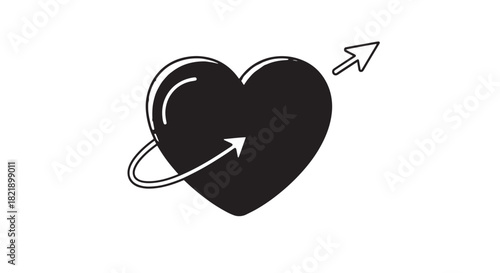 Black heart icon with orbiting ring and arrow, a modern graphic symbol of love.