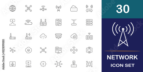 Network Web Icon with a Line Style.  An assortment of linear icons related to information technology, such as wireless, router, signal, connection, communication, technology, internet, and IT.