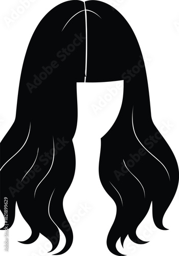Long flowing black hair silhouette vector illustration showcasing a female head and neck outline, ideal for beauty and fashion designs isolated on transparent background, Vector