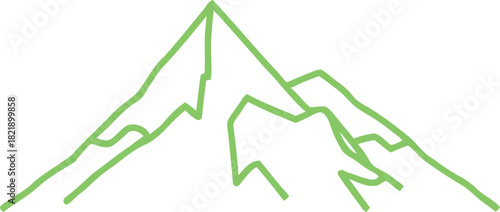 Minimalist light green outline illustration of a majestic mountain range, symbolizing nature's grandeur, challenge, growth, and quest. isolated on transparent background, Vector