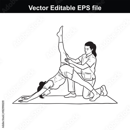 Physical therapist assisting a patient with a leg stretch in a yoga pose, isolated on white background