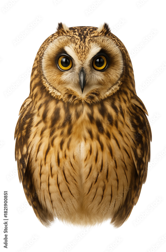 Fototapeta premium Short-eared owl featuring a round head and small tufts, seen from the front.