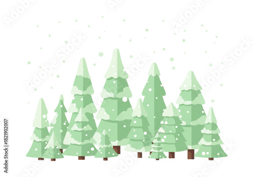 A cluster of stylized evergreen trees covered in snow, depicted in a flat, minimalist style, with falling snowflakes against a white background.