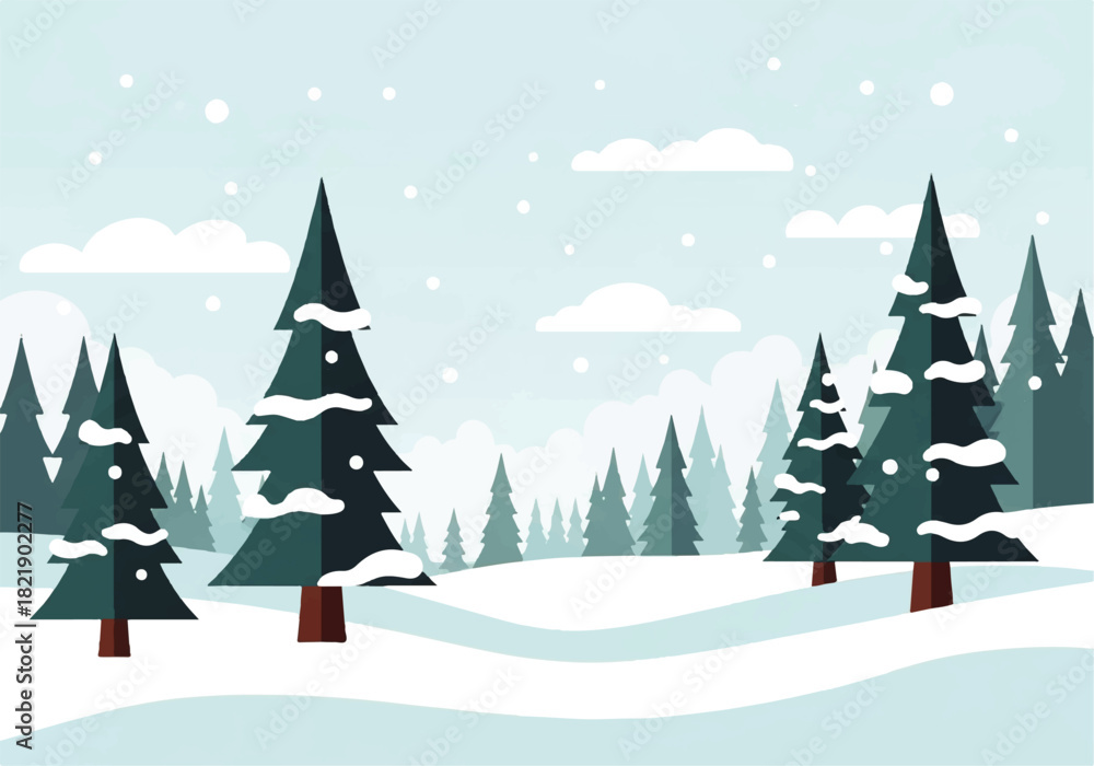Obraz premium Winter landscape illustration featuring snow-covered evergreen trees and gentle snowfall against a light blue sky with white clouds.
