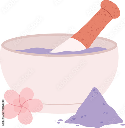 A white bowl with a purple powder and a flower in it